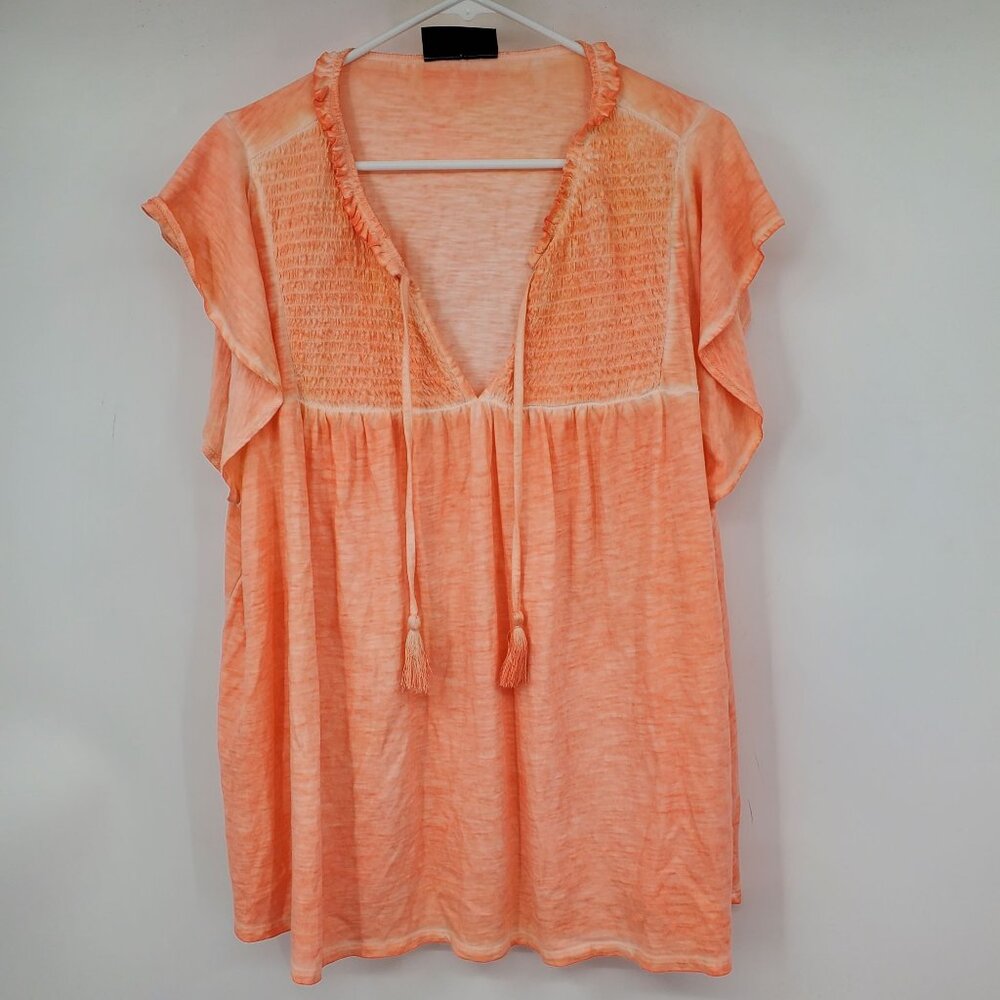 Lane Bryant Babydoll Top Short Sleeve Washed Out Bright Coral V Neck Shirt 18 /